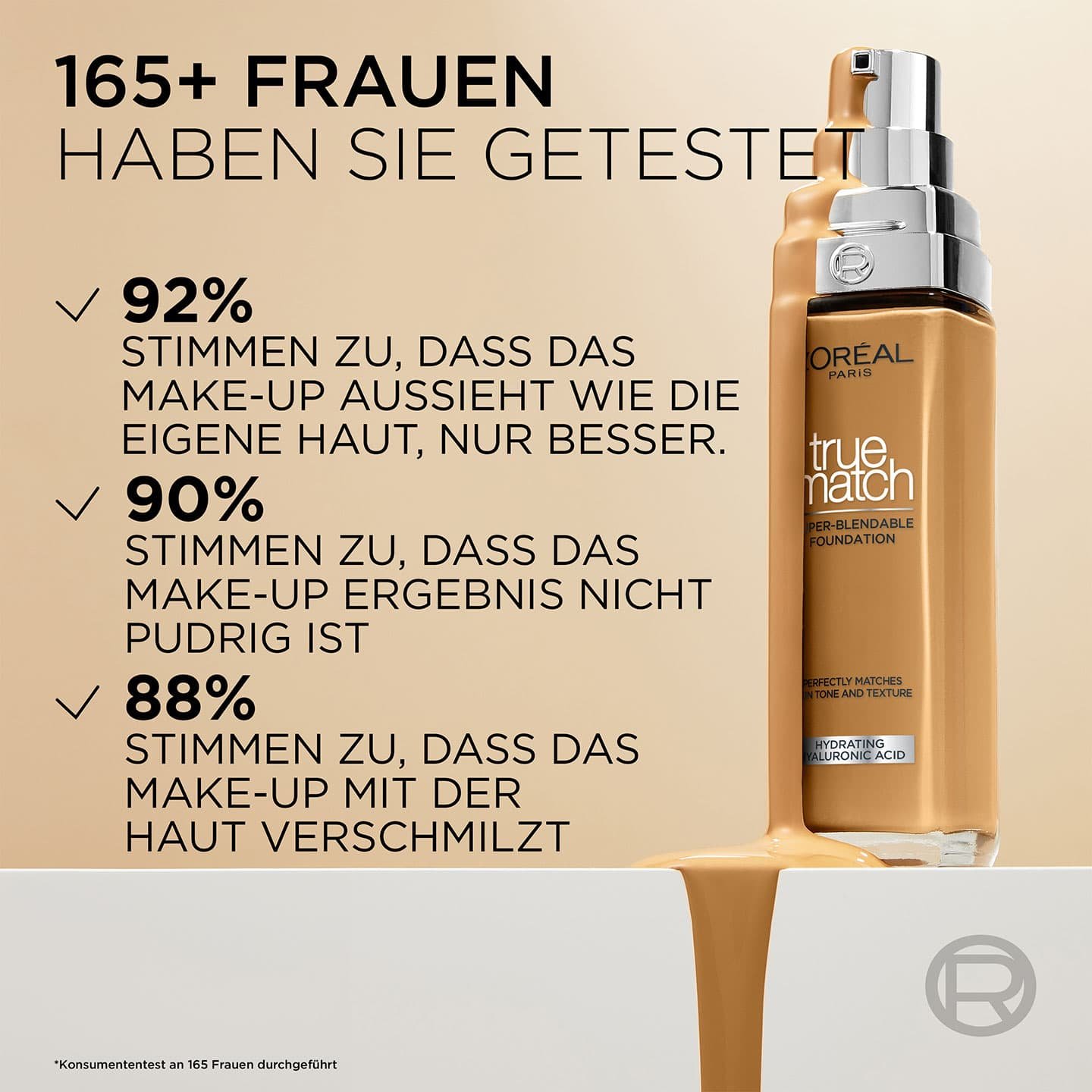Produktabbildung einer Nuance neben 3 Ergebnissen eines Produkttests mit mehr als 165 Frauen